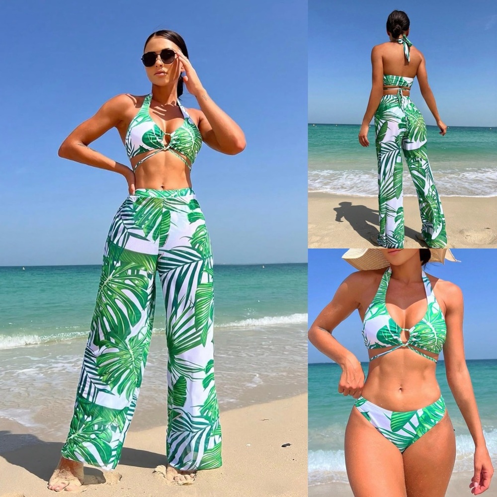 Verdusa 3 Piece Swimsuit Bikini Set Tropical Print Halter with Cover Up Pant Lg